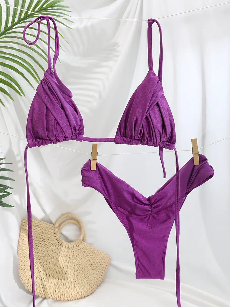 Conjunto de bikini sexy para mujer con diseño de pliegues y color liso. Bikini de triángulo con estilo micro, moderno y favorecedor, ideal para la playa, la piscina, vacaciones y días de verano.