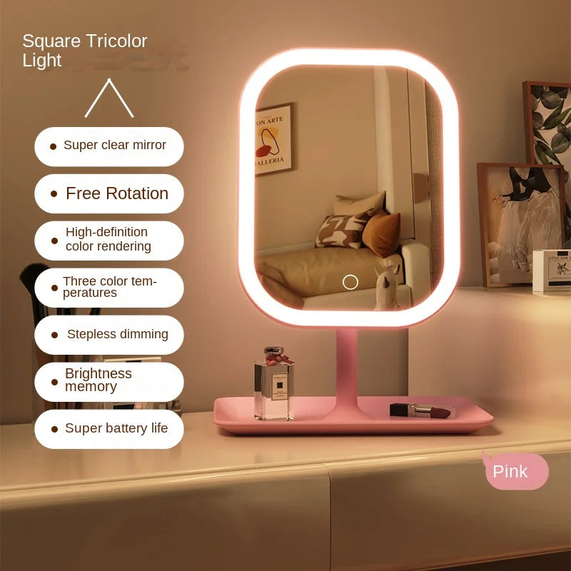 Espejo de tocador moderno de diseño exclusivo para escritorio, con luz LED de 3 colores, espejo de maquillaje táctil para mujer, ideal para dormitorio o tocador.
