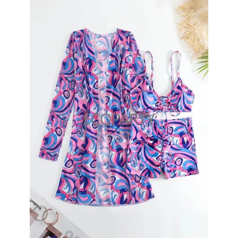 Conjunto de bikini de 3 piezas para mujer con estampado moderno, cintura alta y cubrebaño de manga larga con cordón ajustable y abertura lateral. Un diseño elegante y cómodo, ideal para la playa, la piscina, vacaciones y días de verano.
