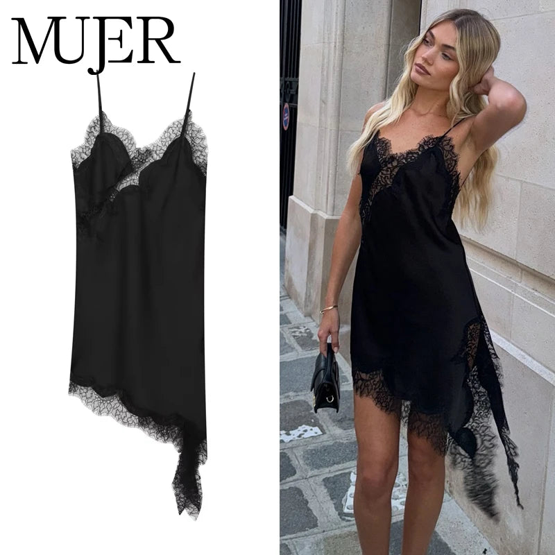 Vestido lencero de encaje para mujer 2025. Vestido corto negro con espalda descubierta y diseño asimétrico, ideal para fiestas. Con acabado satinado y estilo sexy, perfecto para el verano.