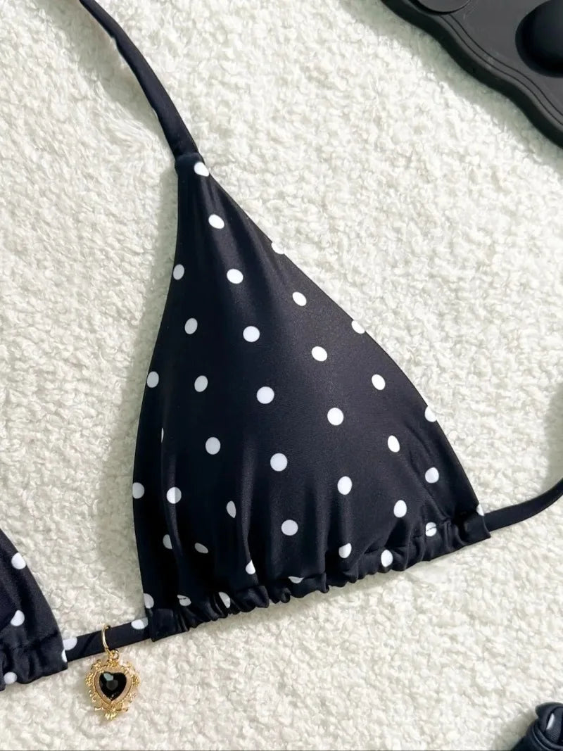 Conjunto de bikini sexy de 2 piezas para mujer con estampado de lunares en blanco y negro. Diseño de estilo americano, elegante y moderno, ideal para la playa, la piscina, vacaciones y días de verano.