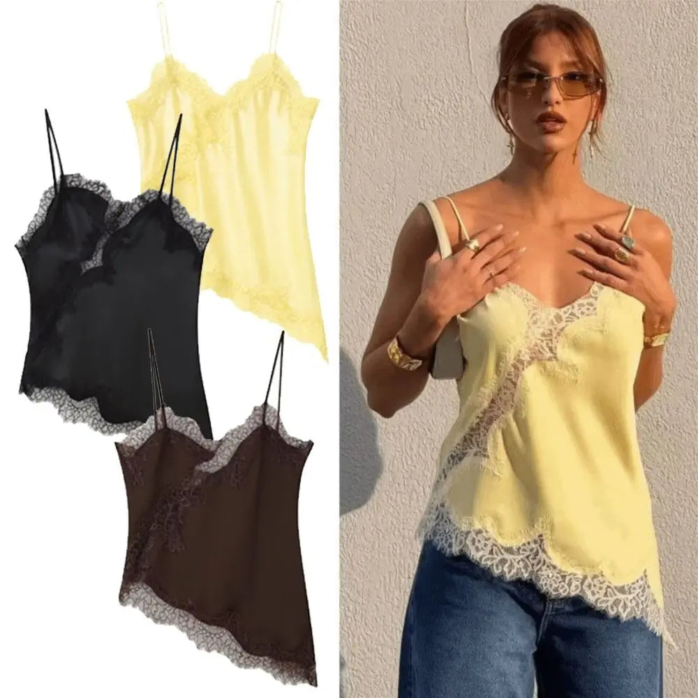 Top elegante de encaje para mujer con diseño asimétrico y patchwork. Sin mangas, con espalda descubierta y escote en V. Estilo sexy y ligero, ideal para el verano y looks frescos y sofisticados.