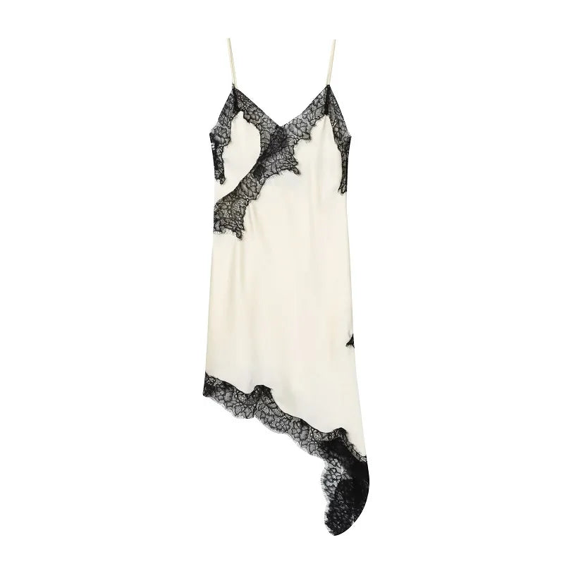 Vestido lencero de encaje para mujer 2025. Vestido corto negro con espalda descubierta y diseño asimétrico, ideal para fiestas. Con acabado satinado y estilo sexy, perfecto para el verano.
