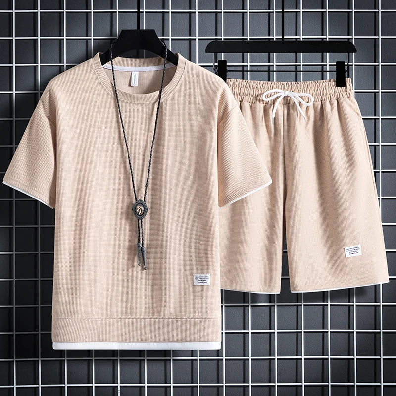 Conjunto de waffle para hombre de verano – conjunto casual de camiseta y pantalón corto, traje deportivo masculino, conjunto deportivo de color sólido, traje holgado, tallas disponibles.
