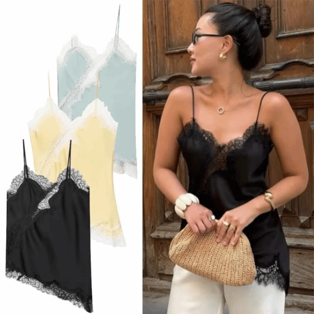 Top elegante de encaje para mujer con diseño asimétrico y patchwork. Sin mangas, con espalda descubierta y escote en V. Estilo sexy y ligero, ideal para el verano y looks frescos y sofisticados.