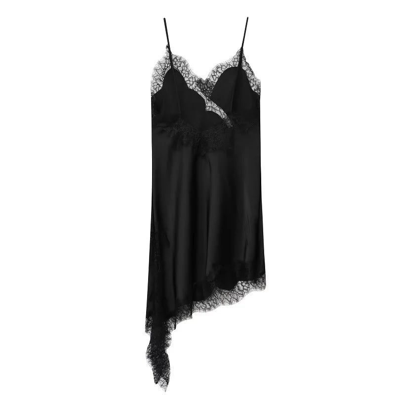 Vestido lencero de encaje para mujer 2025. Vestido corto negro con espalda descubierta y diseño asimétrico, ideal para fiestas. Con acabado satinado y estilo sexy, perfecto para el verano.