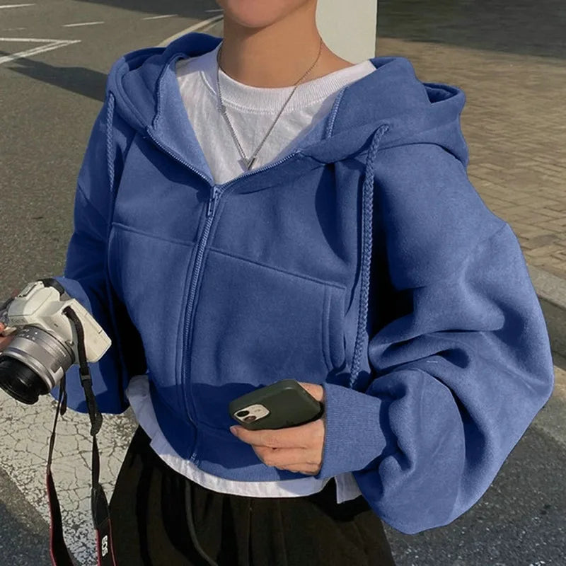 Nueva sudadera con capucha para mujer 2024 (primavera/otoño), forrada en polar, versátil, corta (cropped), de corte ajustado que estiliza la silueta, con cierre de cremallera, cálida y de color azul marino