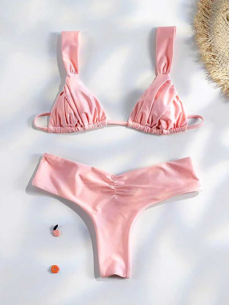 Conjunto de bikini sexy para mujer con diseño de pliegues y color liso. Bikini de triángulo con estilo micro, moderno y favorecedor, ideal para la playa, la piscina, vacaciones y días de verano.