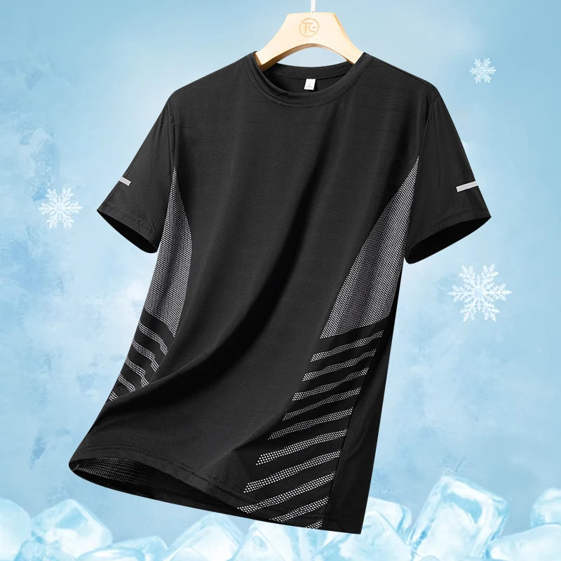 Camiseta deportiva para hombre de verano, tejido tipo seda fría ultraligera, estampado reflectante, secado rápido, manga corta, transpirable, ideal para fitness y deporte, talla hasta 5XL.