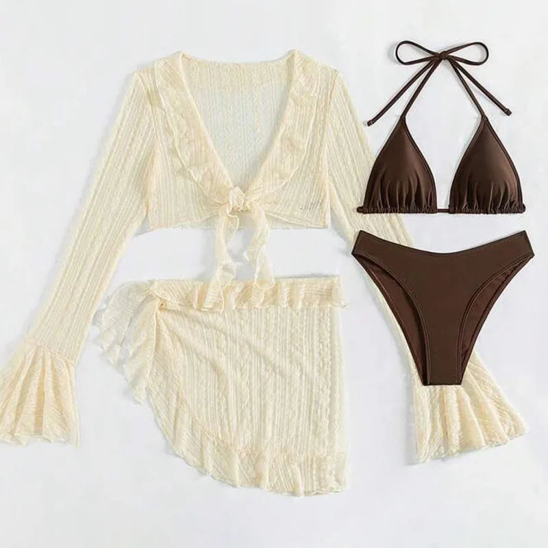Bañador de cuatro piezas para mujer 2026, diseño sexy con bikini de color liso y cubrebaño de manga larga. Conjunto de estilo brasileño, ideal para la playa, la piscina, fiestas de verano y vacaciones.