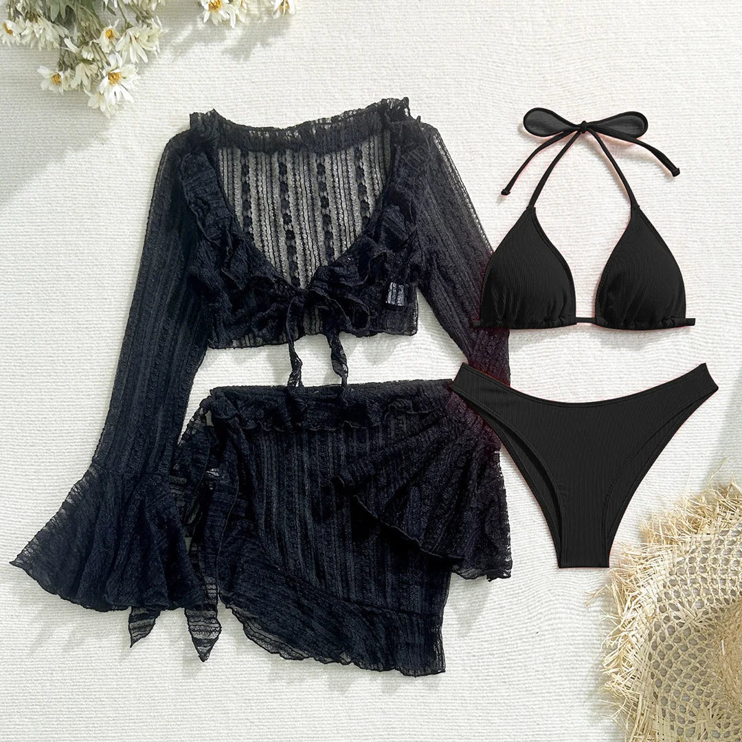 Conjunto de bikini de 4 piezas para mujer con cuello halter, pareo y cubrebaño de manga larga. Traje de baño elegante y moderno, ideal para la playa, la piscina, vacaciones y días de verano.