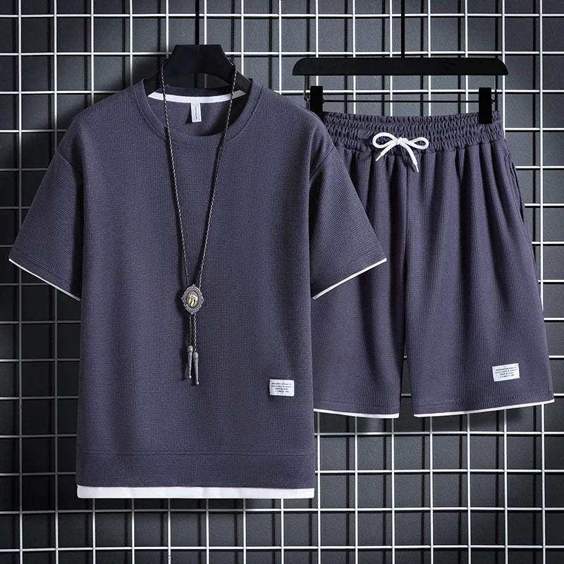 Conjunto de waffle para hombre de verano – conjunto casual de camiseta y pantalón corto, traje deportivo masculino, conjunto deportivo de color sólido, traje holgado, tallas disponibles.