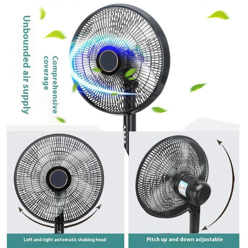 Ventilador eléctrico doméstico de cinco aspas, de pie, con gran volumen de aire y control remoto. Puede usarse tanto en el suelo como en otra posición, cuenta con función oscilante (gira la cabeza), funcionamiento suave y bajo nivel de ruido.
