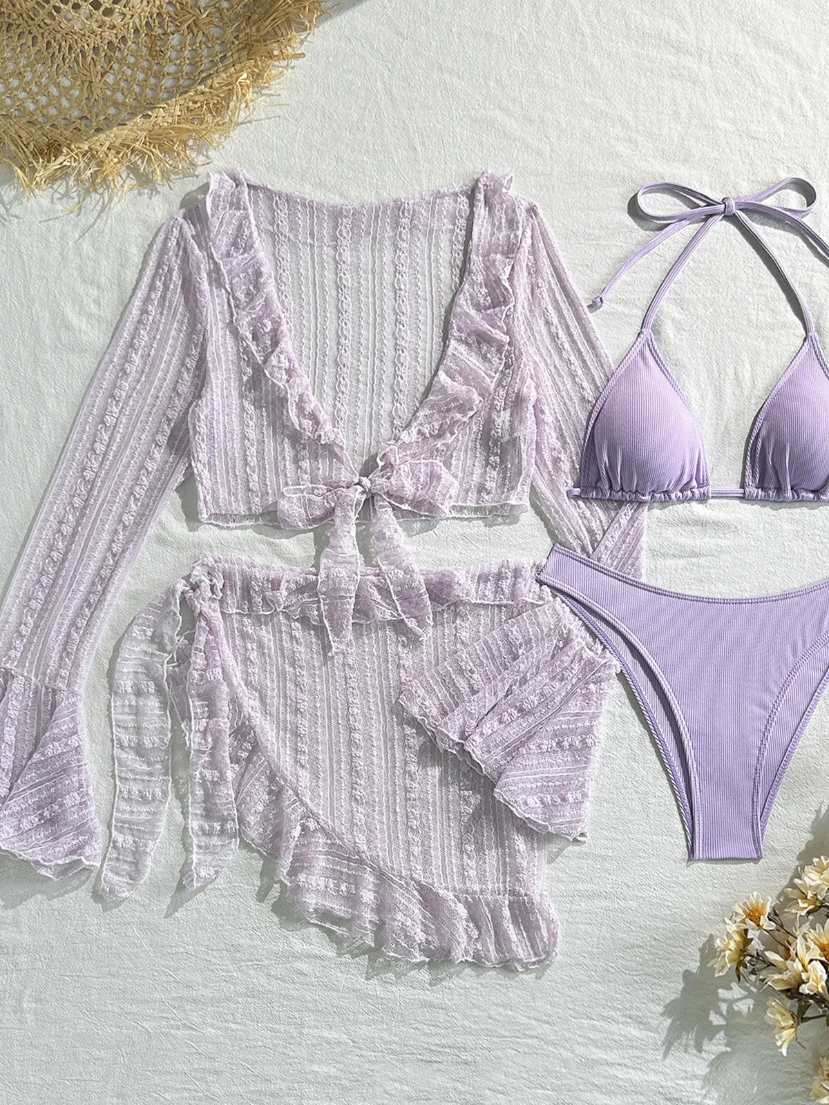 Conjunto de bikini de 4 piezas para mujer con cuello halter, pareo y cubrebaño de manga larga. Traje de baño elegante y moderno, ideal para la playa, la piscina, vacaciones y días de verano.