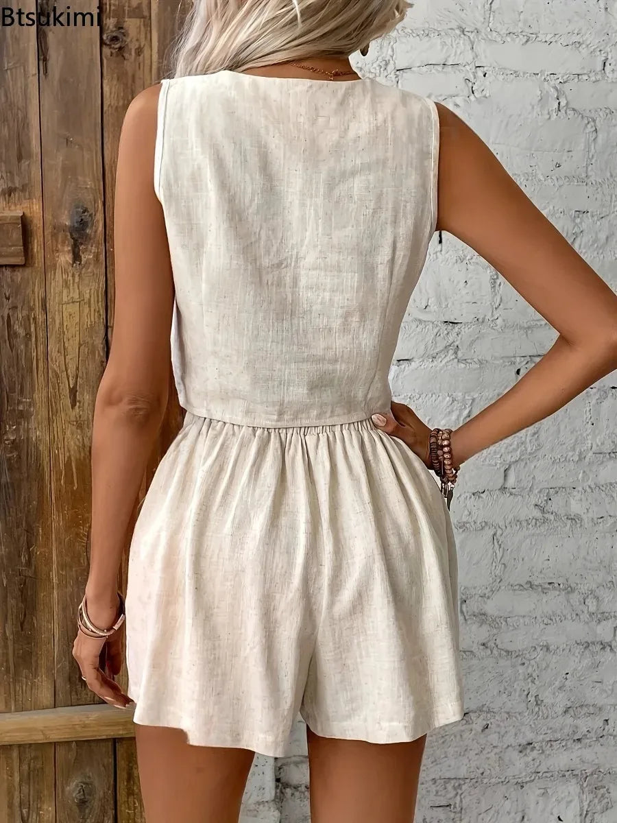 Conjunto de dos piezas casual para mujer 2026, a la moda y sexy, con top tipo chaleco sin mangas de escote en V y pantalones cortos. Conjunto de verano para mujer confeccionado en algodón y lino.