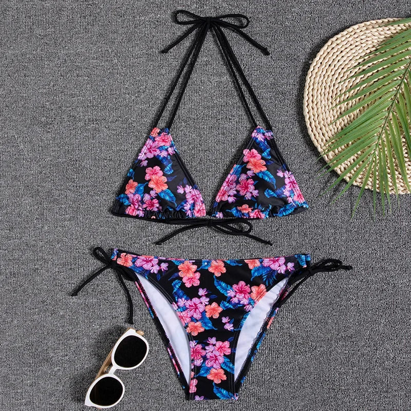 Leaves Print Swimsuit for Women,low Waist Drawstring Bikini,2-piece Swimwear,V-neck Susupender Backless Bathing Suit,beachwear