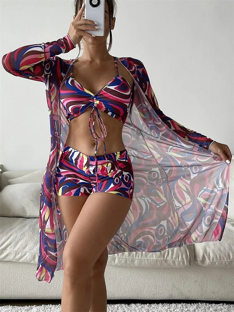 Conjunto de bikini de 3 piezas para mujer con estampado moderno, cintura alta y cubrebaño de manga larga con cordón ajustable y abertura lateral. Un diseño elegante y cómodo, ideal para la playa, la piscina, vacaciones y días de verano.