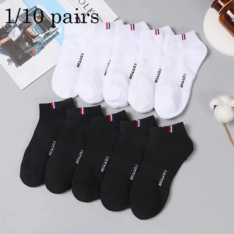 5 /10 pares 1 lote Calcetines de verano para Hombre tubo bajo fino transpirable blanco negro rayas regalo Calcetines tobilleros deportivos 1 paquete Calcetines Hombre