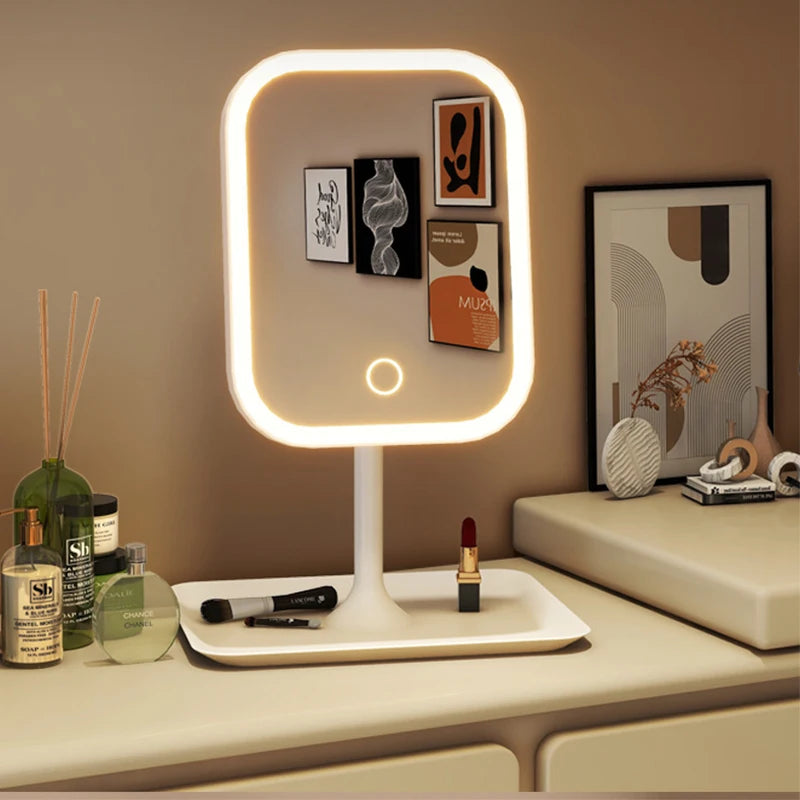 Espejo de tocador moderno de diseño exclusivo para escritorio, con luz LED de 3 colores, espejo de maquillaje táctil para mujer, ideal para dormitorio o tocador.