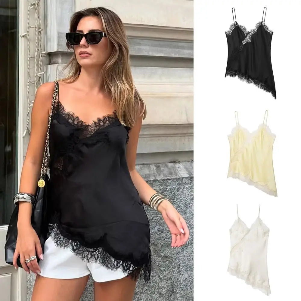 Top elegante de encaje para mujer con diseño asimétrico y patchwork. Sin mangas, con espalda descubierta y escote en V. Estilo sexy y ligero, ideal para el verano y looks frescos y sofisticados.