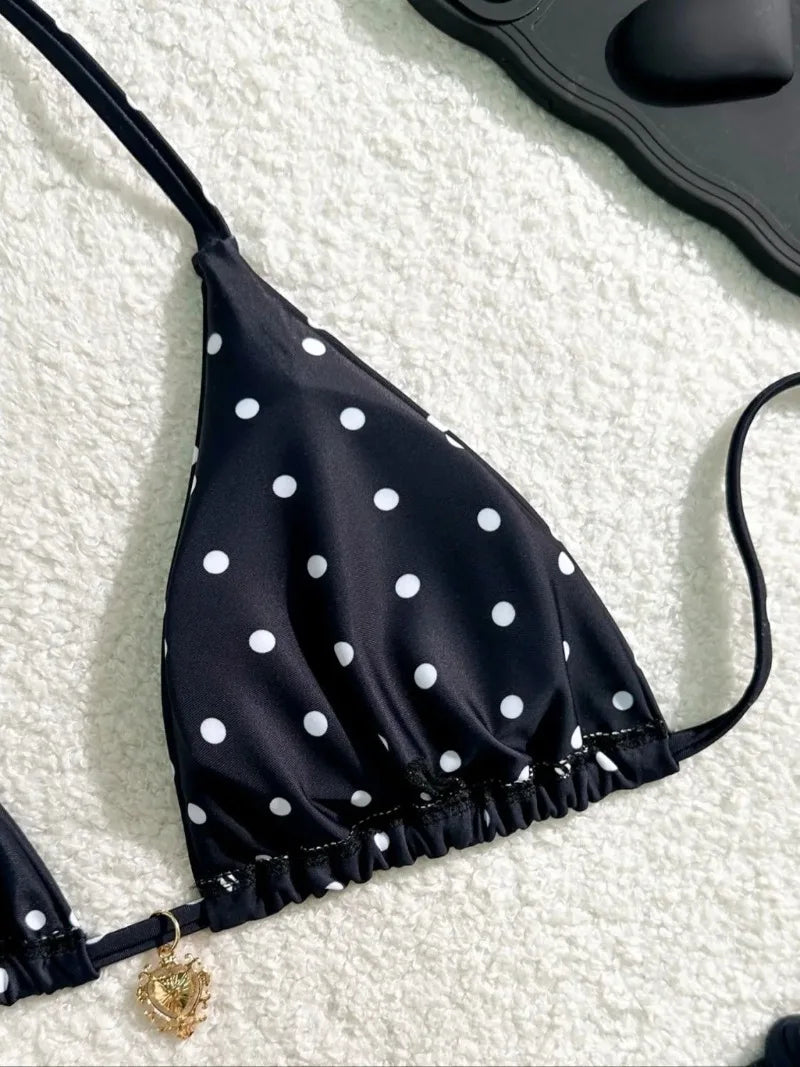 Conjunto de bikini sexy de 2 piezas para mujer con estampado de lunares en blanco y negro. Diseño de estilo americano, elegante y moderno, ideal para la playa, la piscina, vacaciones y días de verano.