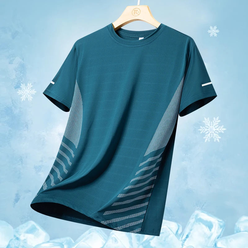 Camiseta deportiva para hombre de verano, tejido tipo seda fría ultraligera, estampado reflectante, secado rápido, manga corta, transpirable, ideal para fitness y deporte, talla hasta 5XL.