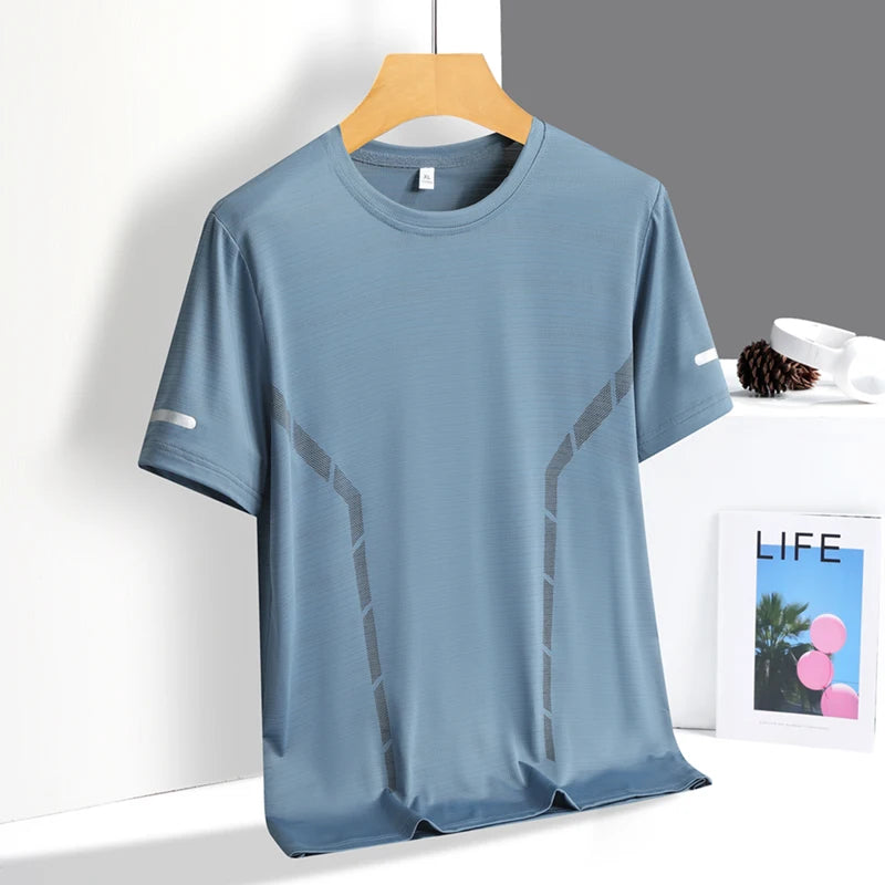 Camiseta deportiva para hombre de verano, tejido tipo seda fría ultraligera, estampado reflectante, secado rápido, manga corta, transpirable, ideal para fitness y deporte, talla hasta 5XL.