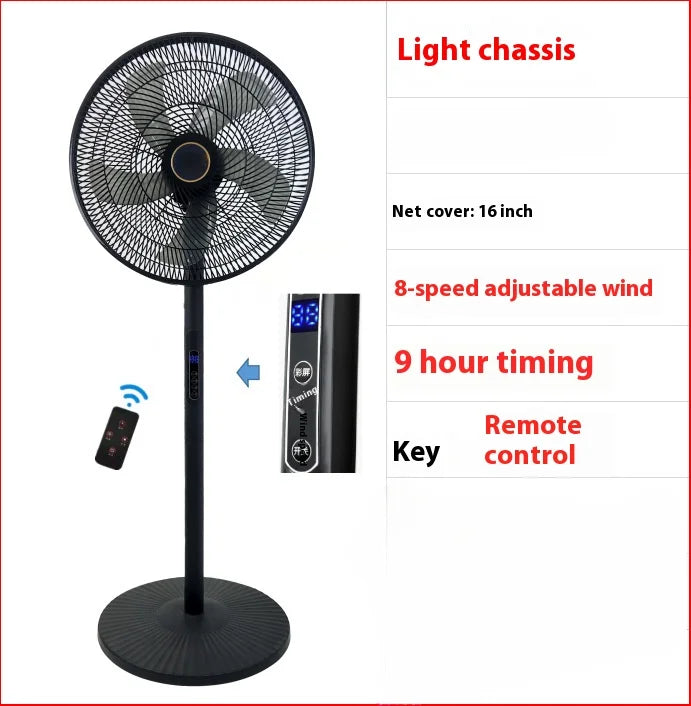 Ventilador eléctrico doméstico de cinco aspas, de pie, con gran volumen de aire y control remoto. Puede usarse tanto en el suelo como en otra posición, cuenta con función oscilante (gira la cabeza), funcionamiento suave y bajo nivel de ruido.