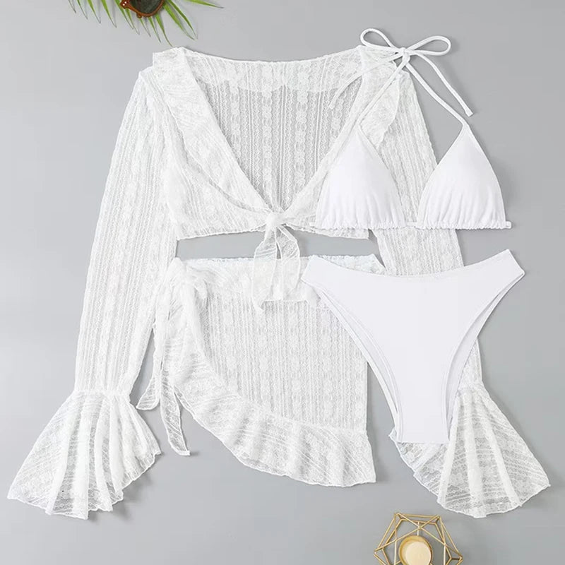 Bañador de cuatro piezas para mujer 2026, diseño sexy con bikini de color liso y cubrebaño de manga larga. Conjunto de estilo brasileño, ideal para la playa, la piscina, fiestas de verano y vacaciones.