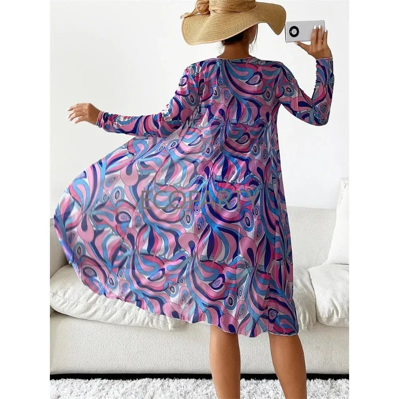 Conjunto de bikini de 3 piezas para mujer con estampado moderno, cintura alta y cubrebaño de manga larga con cordón ajustable y abertura lateral. Un diseño elegante y cómodo, ideal para la playa, la piscina, vacaciones y días de verano.