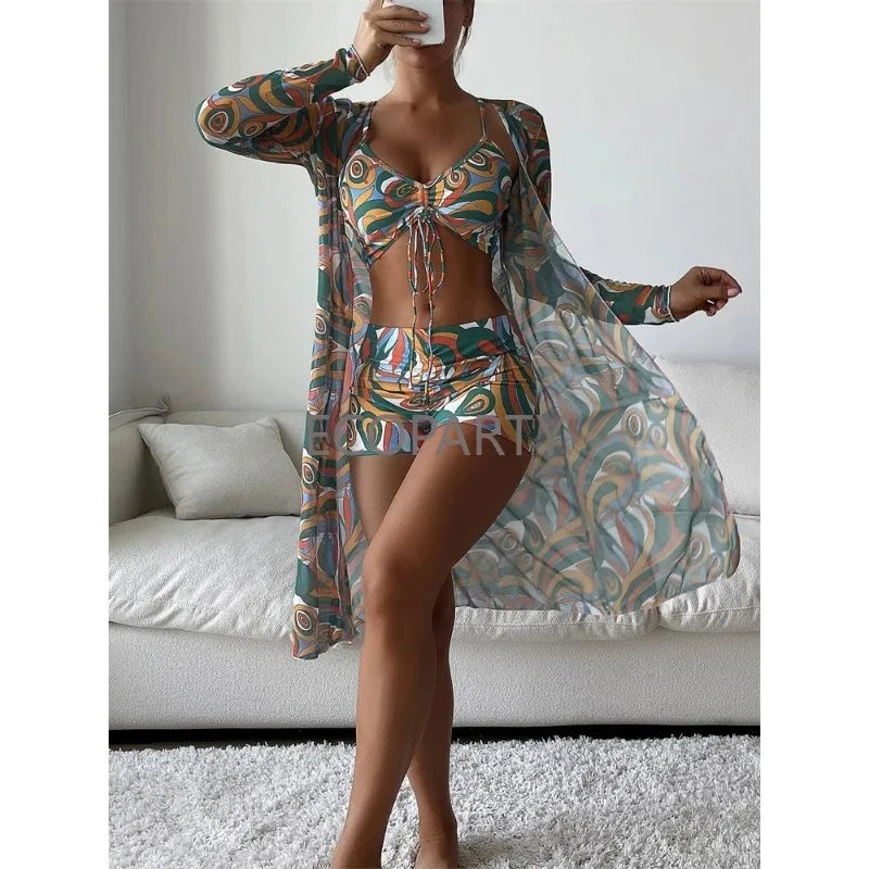 Conjunto de bikini de 3 piezas para mujer con estampado moderno, cintura alta y cubrebaño de manga larga con cordón ajustable y abertura lateral. Un diseño elegante y cómodo, ideal para la playa, la piscina, vacaciones y días de verano.