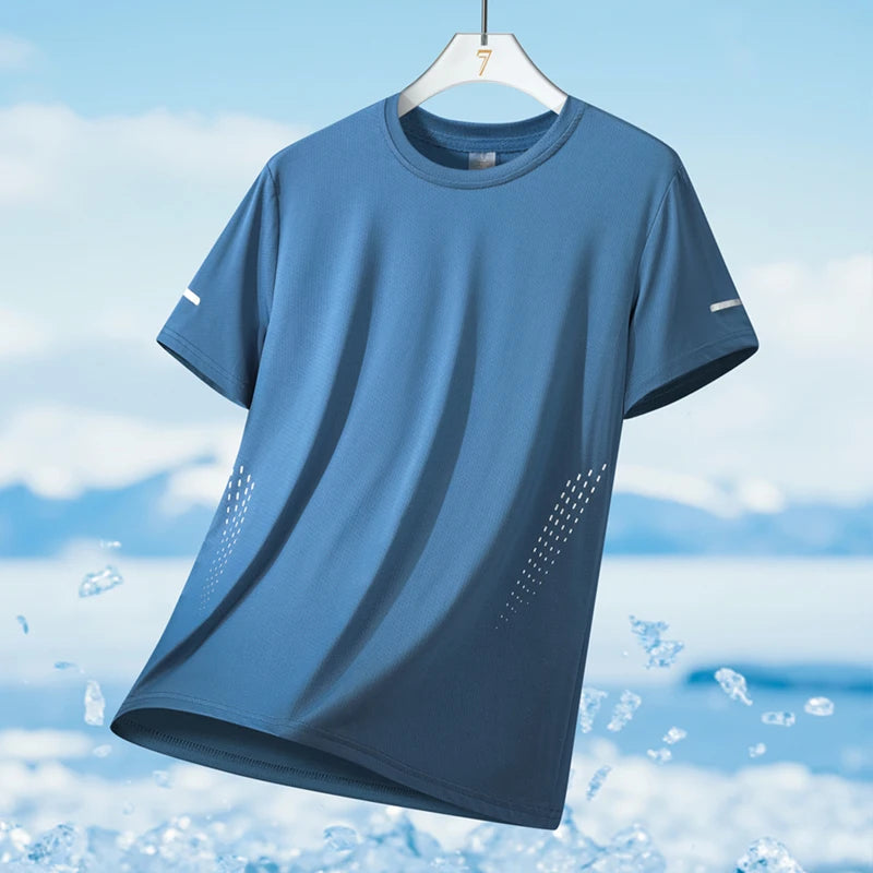 Camiseta deportiva para hombre de verano, tejido tipo seda fría ultraligera, estampado reflectante, secado rápido, manga corta, transpirable, ideal para fitness y deporte, talla hasta 5XL.