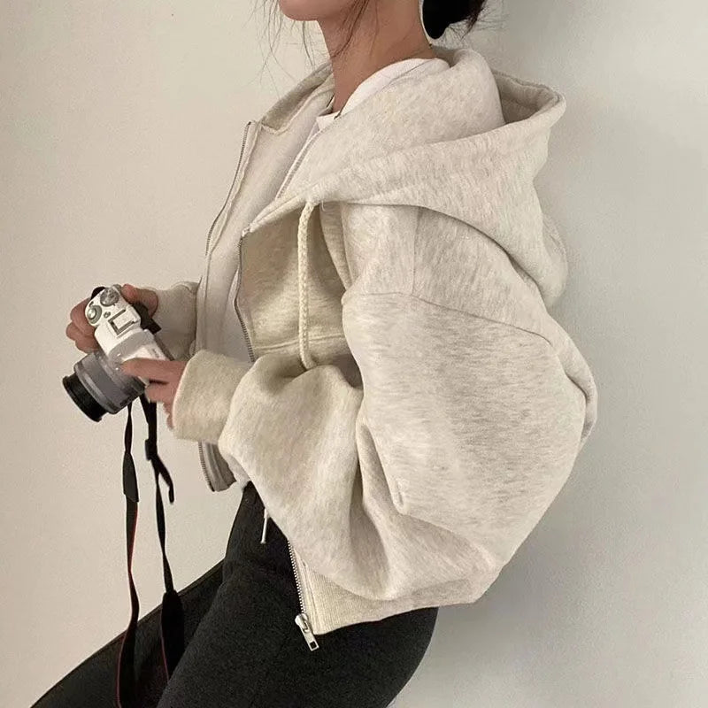 Nueva sudadera con capucha para mujer 2024 (primavera/otoño), forrada en polar, versátil, corta (cropped), de corte ajustado que estiliza la silueta, con cierre de cremallera, cálida y de color azul marino