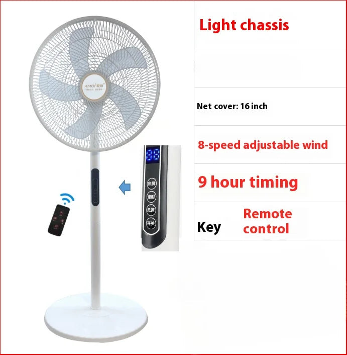 Ventilador eléctrico doméstico de cinco aspas, de pie, con gran volumen de aire y control remoto. Puede usarse tanto en el suelo como en otra posición, cuenta con función oscilante (gira la cabeza), funcionamiento suave y bajo nivel de ruido.