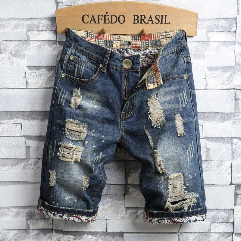 Pantalones cortos vaqueros rotos para hombre 2025, nueva moda de verano, estilo casual, corte ajustado (Slim Fit), diseño retro desgastado, shorts de mezclilla de marca para hombre.