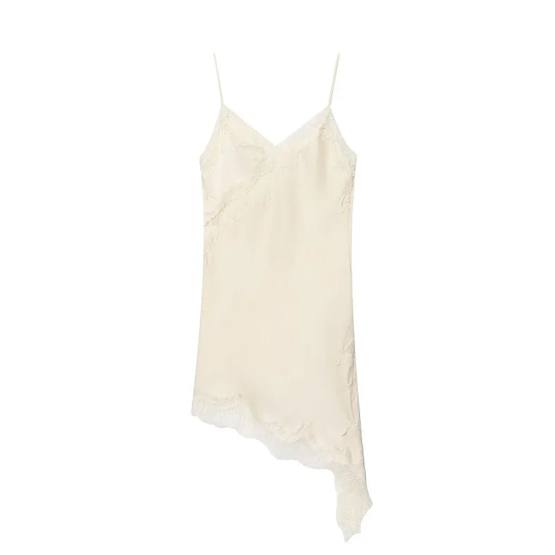 Vestido lencero de encaje para mujer 2025. Vestido corto negro con espalda descubierta y diseño asimétrico, ideal para fiestas. Con acabado satinado y estilo sexy, perfecto para el verano.