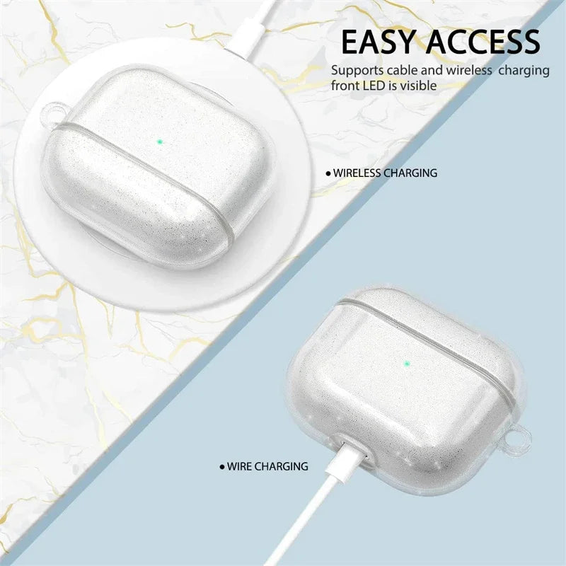 Funda de TPU suave con brillo y purpurina para auriculares, con llavero, compatible con AirPods Pro y AirPods de 1.ª, 2.ª, 3.ª y 4.ª generación (2024). Incluye accesorios de protección para el estuche.