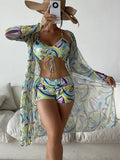 Conjunto de bikini de 3 piezas para mujer con estampado moderno, cintura alta y cubrebaño de manga larga con cordón ajustable y abertura lateral. Un diseño elegante y cómodo, ideal para la playa, la piscina, vacaciones y días de verano.