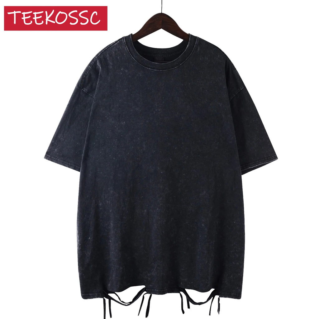 Camiseta de manga corta estilo retro americano unisex. Diseño de color sólido con efecto lavado vintage, corte oversize y tejido pesado. Ideal para un look urbano, streetwear y tendencia de verano.