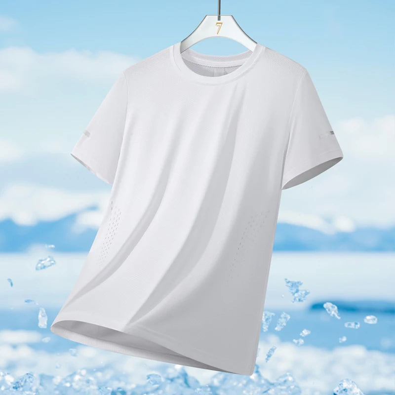 Camiseta deportiva para hombre de verano, tejido tipo seda fría ultraligera, estampado reflectante, secado rápido, manga corta, transpirable, ideal para fitness y deporte, talla hasta 5XL.