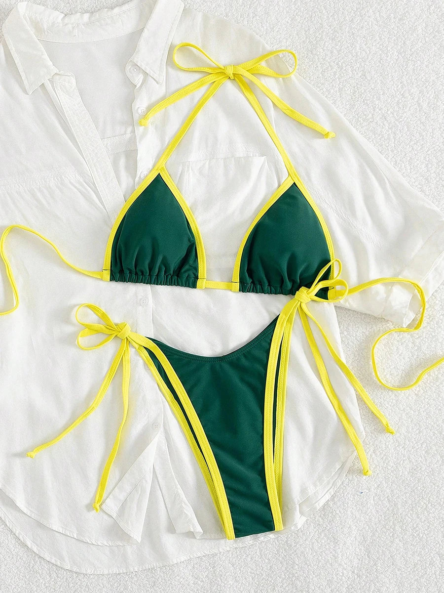 Bikini de dos piezas para mujer 2026 con diseño sexy de bloques de color. Conjunto de micro bikini con tanga mini, moderno y llamativo, ideal para la playa, la piscina, vacaciones y días de verano.