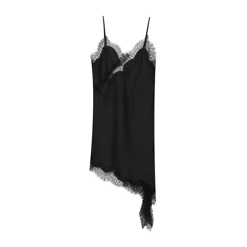 Vestido lencero de encaje para mujer 2025. Vestido corto negro con espalda descubierta y diseño asimétrico, ideal para fiestas. Con acabado satinado y estilo sexy, perfecto para el verano.