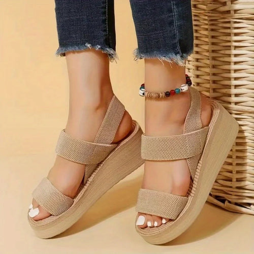 1 par de sandalias minimalistas de cuña para mujer, con punta abierta, plataforma de suela gruesa, estilo casual, correa al tobillo y tira trasera (slingback), de color liso.