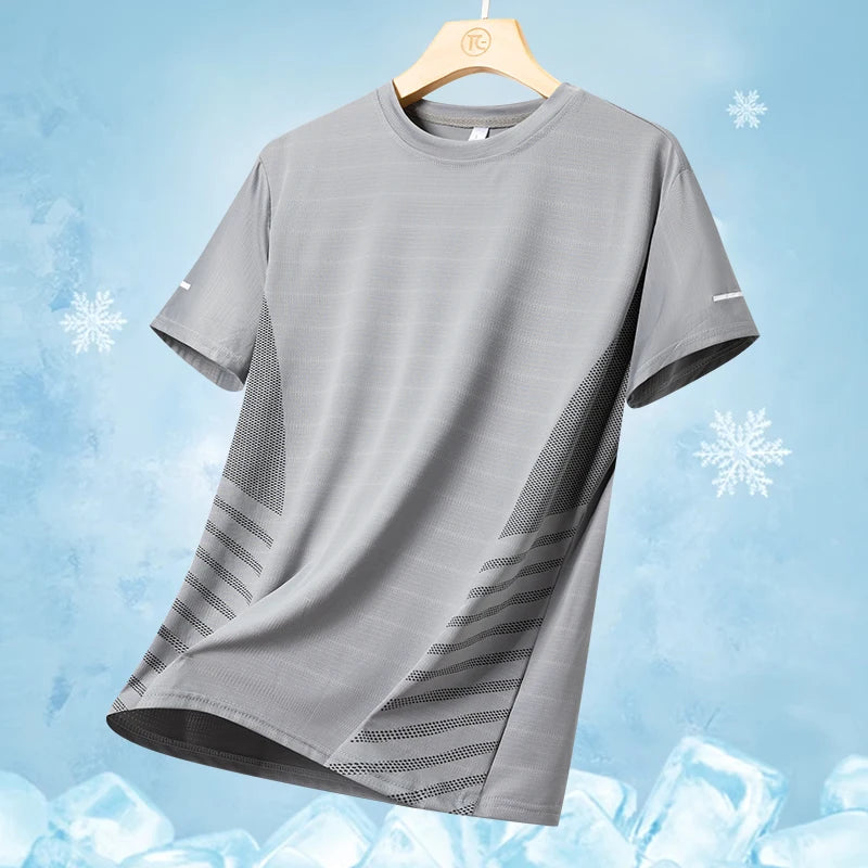 Camiseta deportiva para hombre de verano, tejido tipo seda fría ultraligera, estampado reflectante, secado rápido, manga corta, transpirable, ideal para fitness y deporte, talla hasta 5XL.