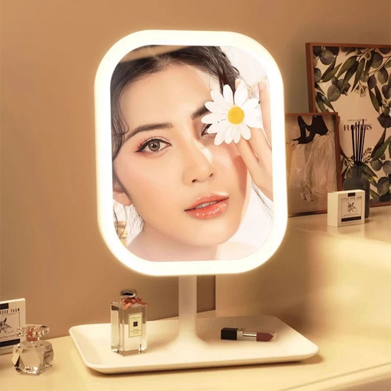 Espejo de tocador moderno de diseño exclusivo para escritorio, con luz LED de 3 colores, espejo de maquillaje táctil para mujer, ideal para dormitorio o tocador.