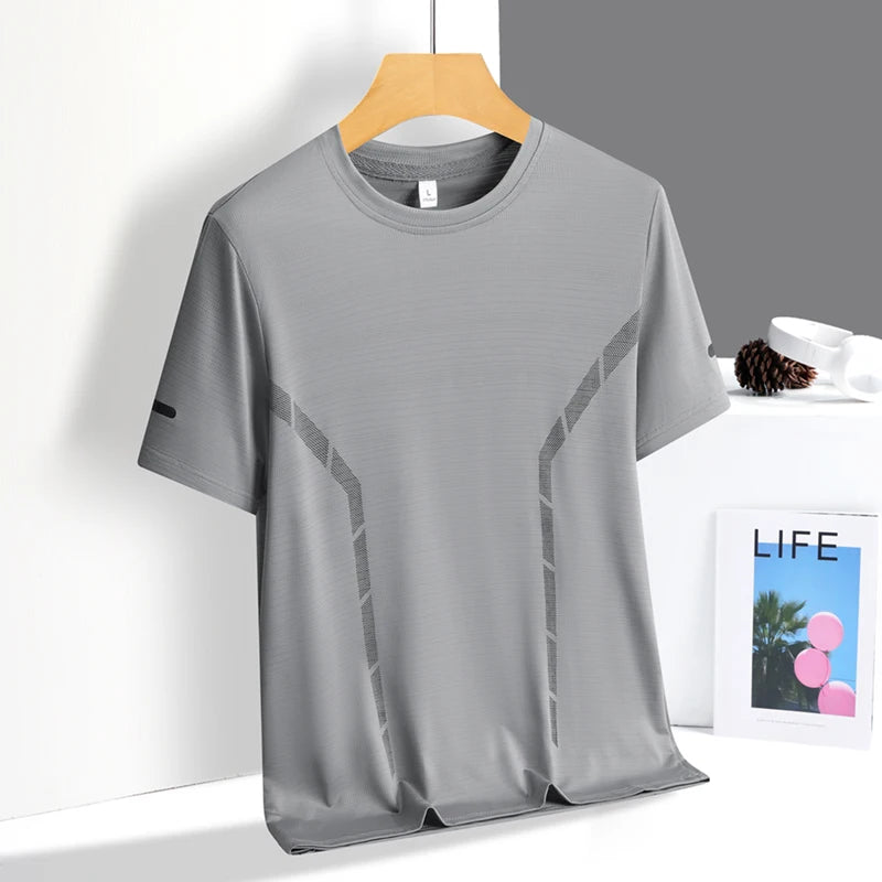 Camiseta deportiva para hombre de verano, tejido tipo seda fría ultraligera, estampado reflectante, secado rápido, manga corta, transpirable, ideal para fitness y deporte, talla hasta 5XL.