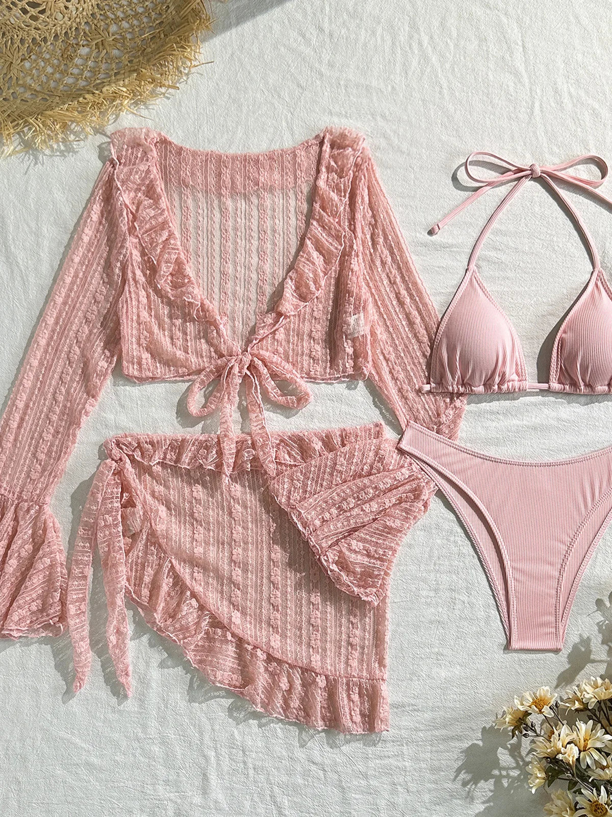 Conjunto de bikini de 4 piezas para mujer con cuello halter, pareo y cubrebaño de manga larga. Traje de baño elegante y moderno, ideal para la playa, la piscina, vacaciones y días de verano.