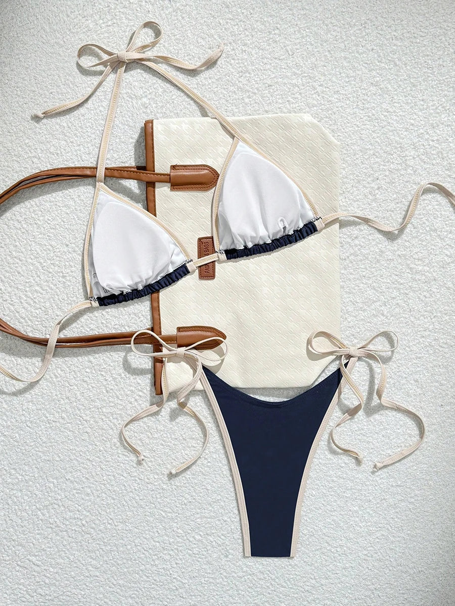 Bikini de dos piezas para mujer 2026 con diseño sexy de bloques de color. Conjunto de micro bikini con tanga mini, moderno y llamativo, ideal para la playa, la piscina, vacaciones y días de verano.